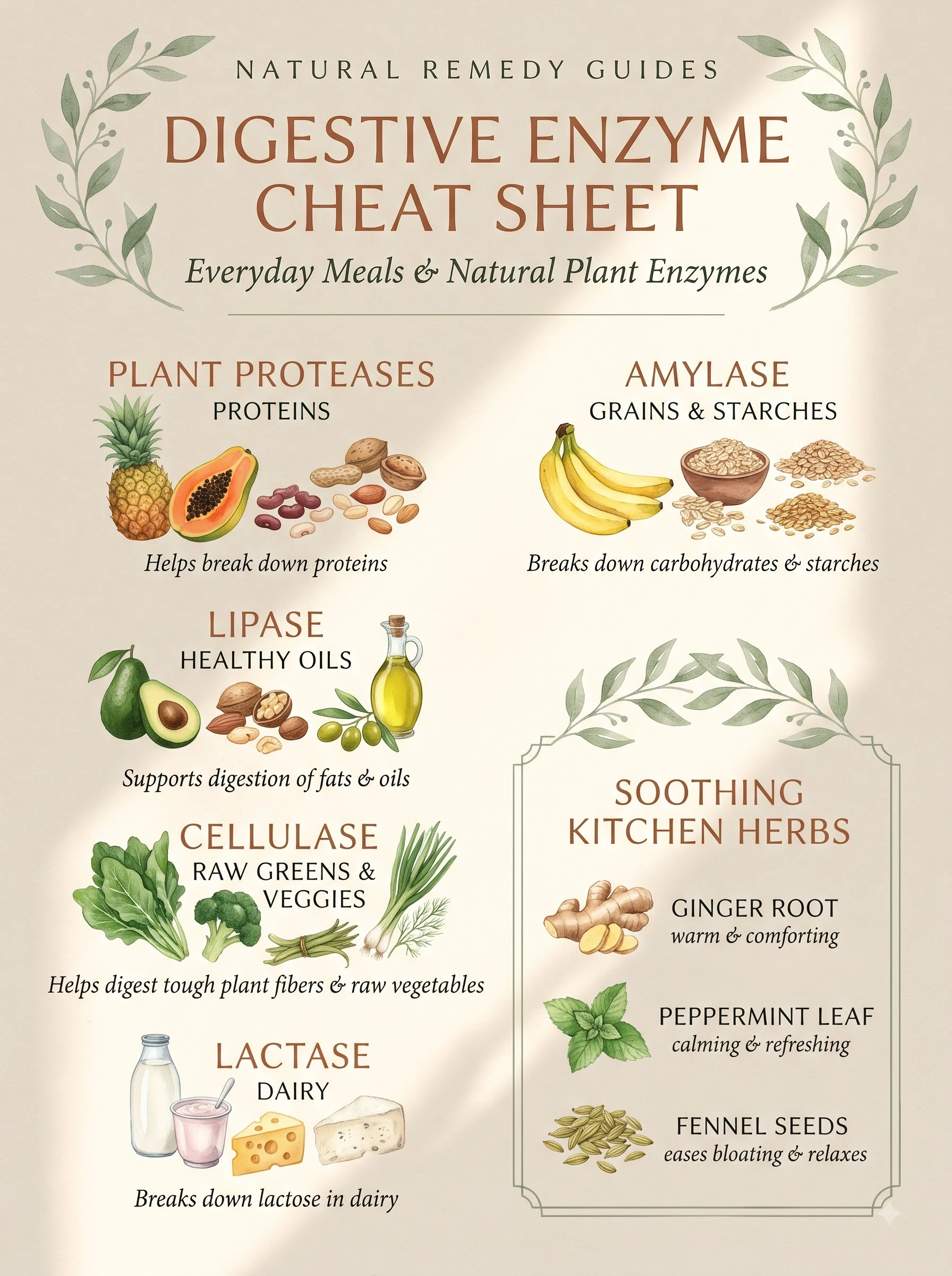 Best digestive enzyme supplement - Natural wellness cheat sheet infographic matching everyday meals to plant enzymes and soothing herbs