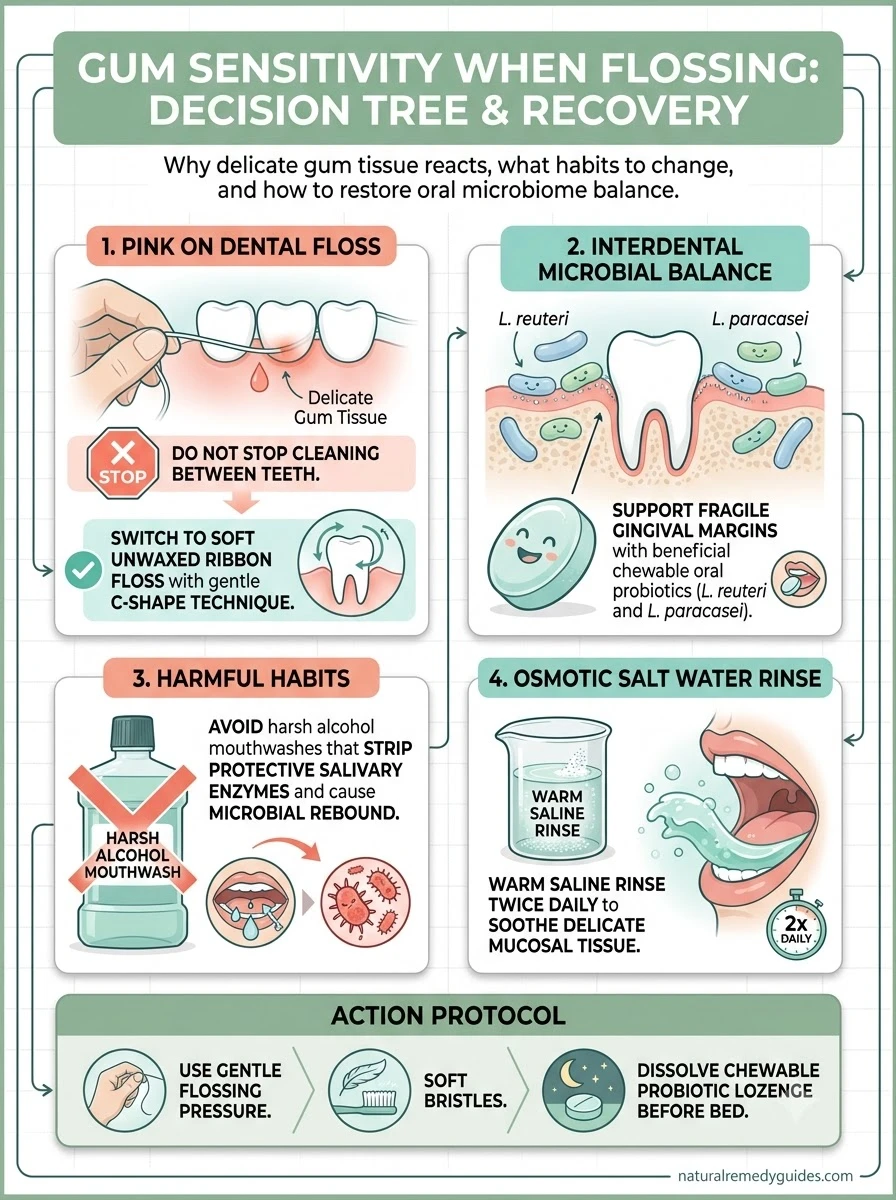 Bleeding gums when flossing natural remedies - Decision tree infographic illustrating gentle flossing technique, oral microbiome restoration, and saline protocols