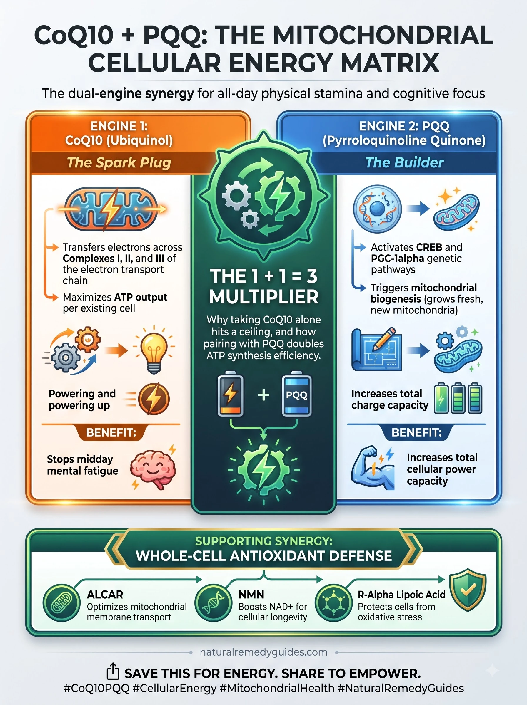 CoQ10 and PQQ for cellular energy - Mitochondrial matrix infographic comparing ubiquinol electron shuttling and PQQ mitochondrial biogenesis