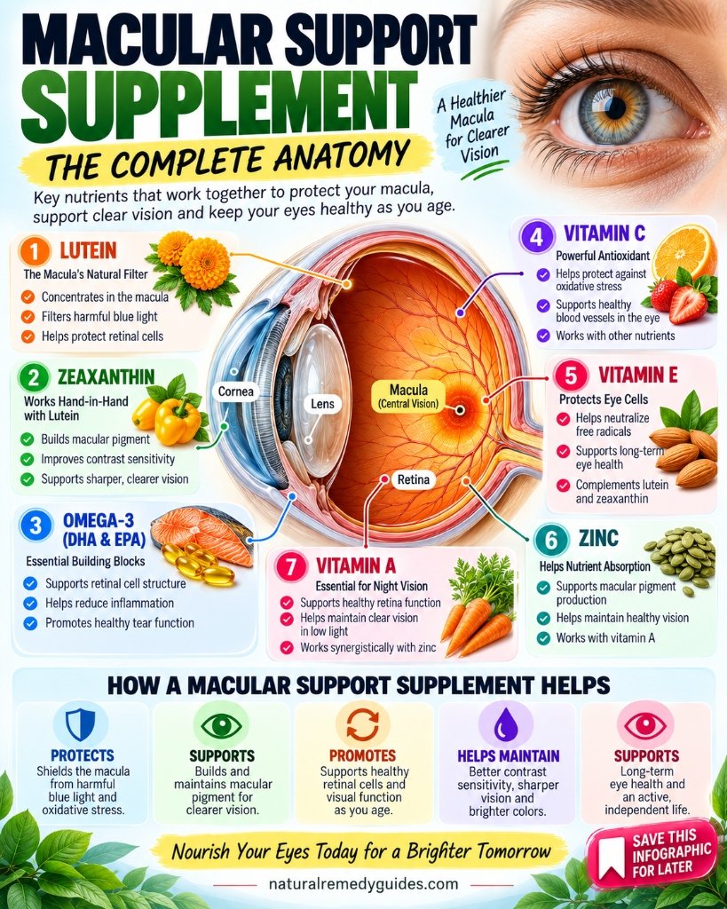 Macular Support Supplement: 7 Key Nutrients Complete Anatomy Infographic