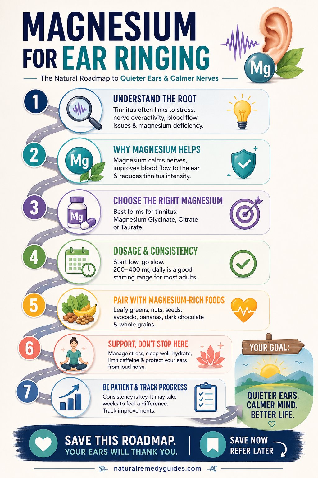 Magnesium Roadmap for Quieter Ears - Evidence-based guide showing magnesium deficiency connection to tinnitus with dosing chart and best supplement forms