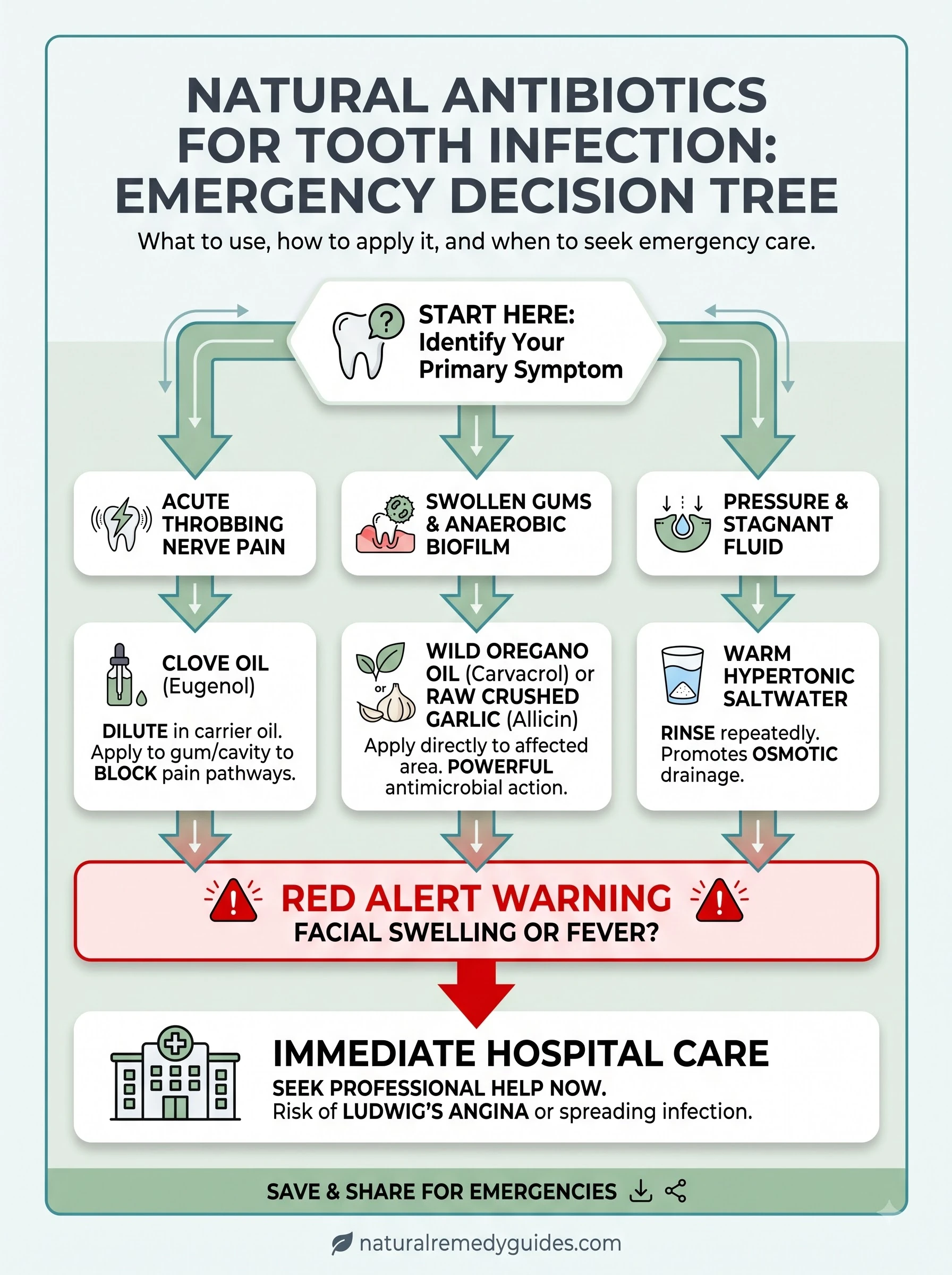 Natural antibiotics for tooth infection - Emergency decision tree infographic evaluating clove oil, oregano oil, allicin, and emergency protocols