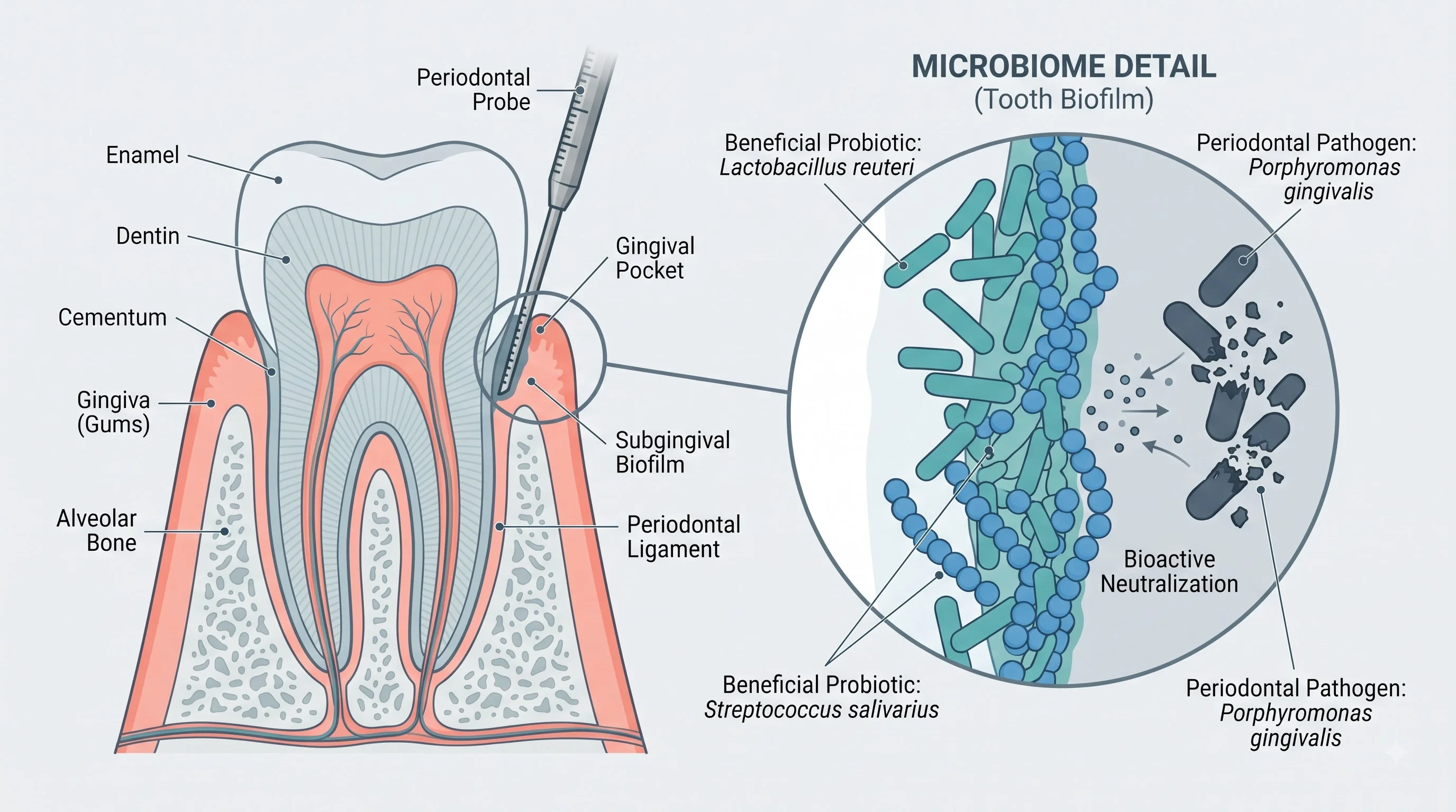 Human oral microbiome and periodontal pocket anatomy under beneficial probiotic colonization
