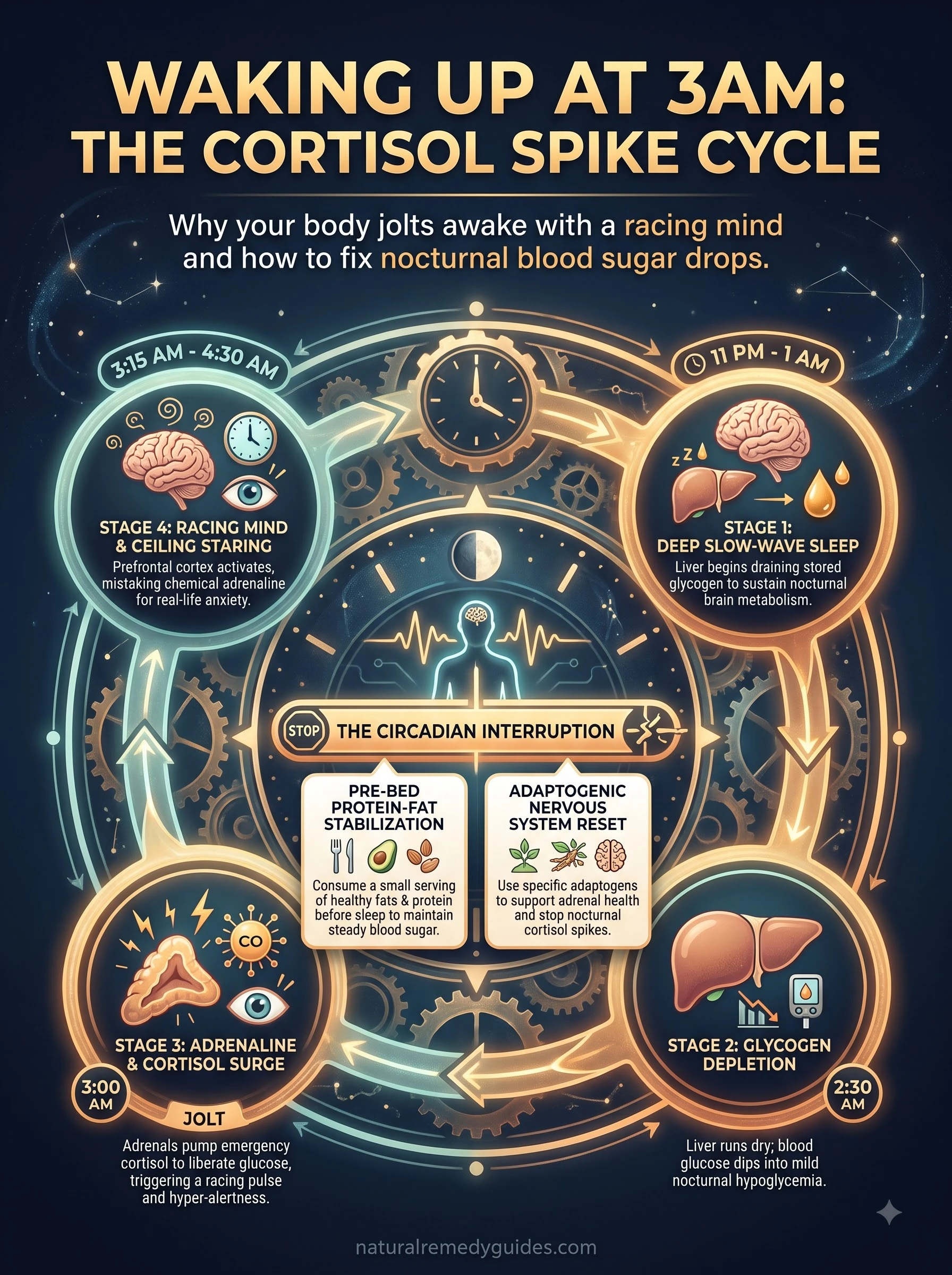 Waking up at 3am cortisol spike - Cycle infographic mapping nocturnal adrenaline surges to circadian recovery